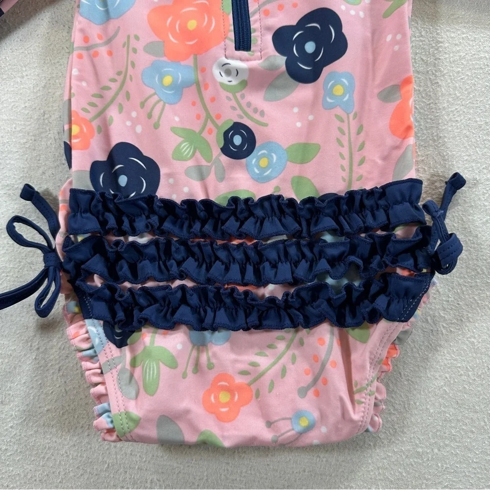 Ruffle Butts 6-12 M 1 piece UPF 50 Long Sleeve Rashguard Pink Floral